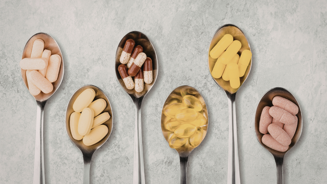 Different types of supplements including magnesium, omega-3 softgels, B-complex capsules, and multivitamins used to support menopause anxiety, mood balance, sleep quality, and hormone health after 40.