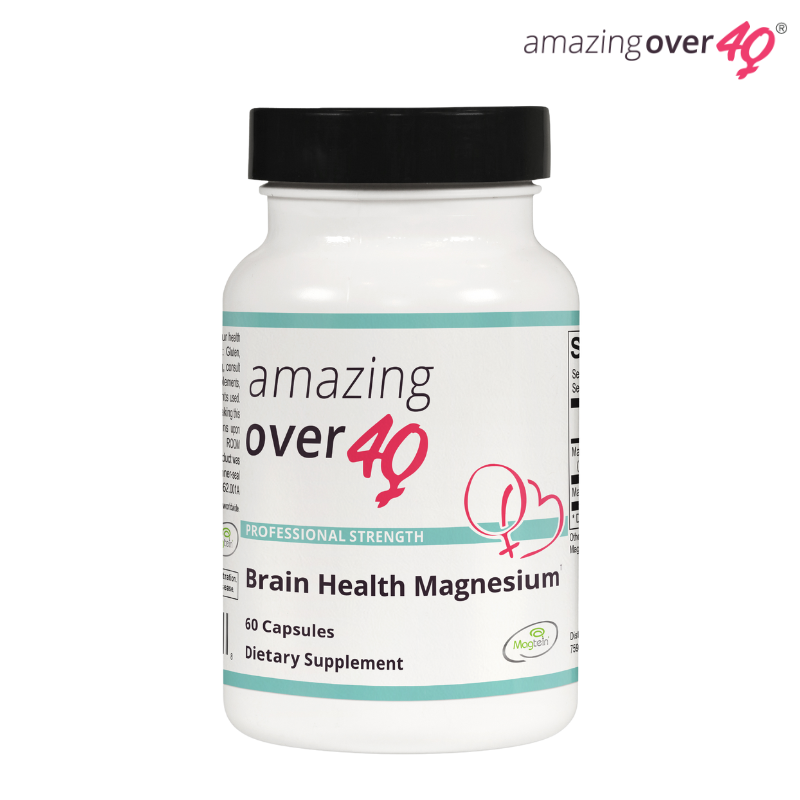 A bottle of Amazing Over 40 Brain Health Magnesium supplement bottle featuring Magnesium L-threonate for brain health
