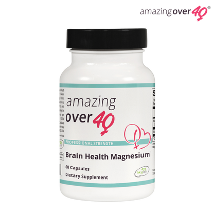 A bottle of Amazing Over 40 Brain Health Magnesium supplement bottle featuring Magnesium L-threonate for brain health
