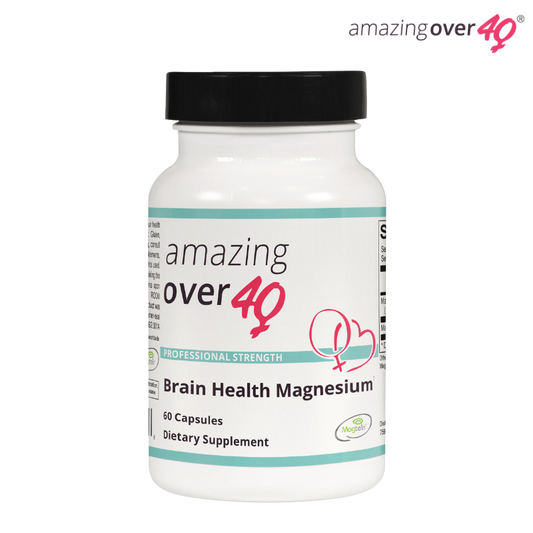A bottle of Amazing Over 40 Brain Health Magnesium supplement bottle featuring Magnesium L-threonate for brain health

