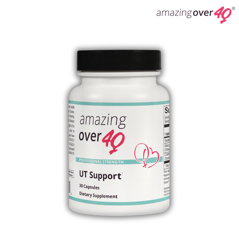 A bottle of 'Amazing Over 40 UT Support' dietary supplement, with a label indicating it contains 120 capsules and is a professional strength formula.
