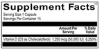 Vitamin D3 50,000 IU label showing dosage and supplement facts