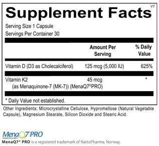 Close-up of D3K2 capsules featuring supplement facts

